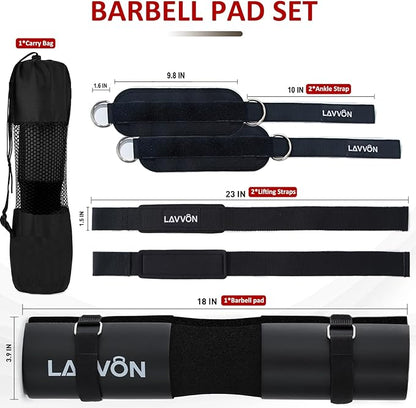 Squat Pad Set - Foam Barbell Pad for Squats Cushion, Lunges & Bar Padding for Hip Thrusts - Standard Olympic Weight Bar Pad - With Ankle Straps, Wrist Straps for Weightlifting