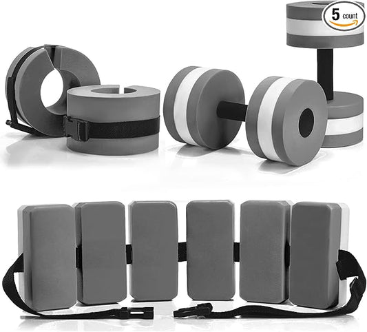 5 Pcs Pool Aquatic Exercise Set Including 2 Lightweight Water Dumbbells, 2 Ankle Swimming Weights, and Swim Belt Water Exercise Equipment for Aquatic Aerobics
