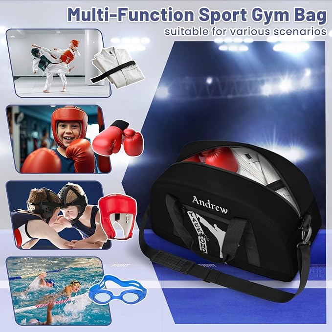 Custom Name Taekwondo Karate Duffle Bag for kids Boy Girls - Personalized Martial Arts Gear Bag, Water-Resistant Sparring Equipment Bag, Taekwonbo Black
