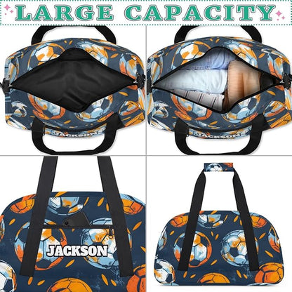 Personalized Boys Soccer Gym Duffel Bags for Kids with Custom Name Sport Training Travel Bags for Overnight Weekender, Dark Blue