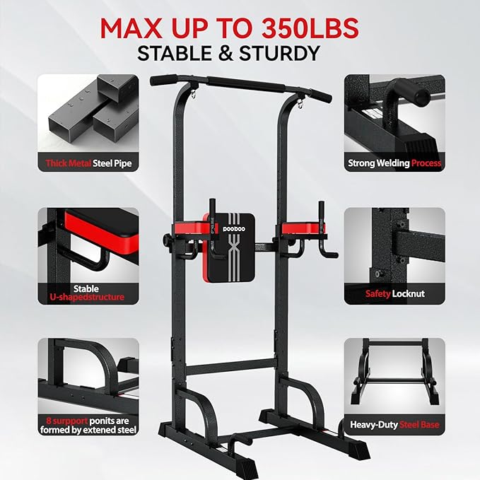 Pooboo Power Tower Dip Station Pull Up Bar for Fitness Home Gym Workout,Multi-Function Adjustable Height Fitness Strength Training Exercise Equipment (Black)