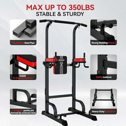 Pooboo Power Tower Dip Station Pull Up Bar for Fitness Home Gym Workout,Multi-Function Adjustable Height Fitness Strength Training Exercise Equipment (Black)