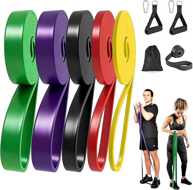 Resistance Bands Set for Working Out, 5 Pull Up Assist Bands with Door Anchor, Handles Carry Bag, 4.0mm TPE Exercise Bands for Home Gym Strength Training, Physical Therapy for Men Women