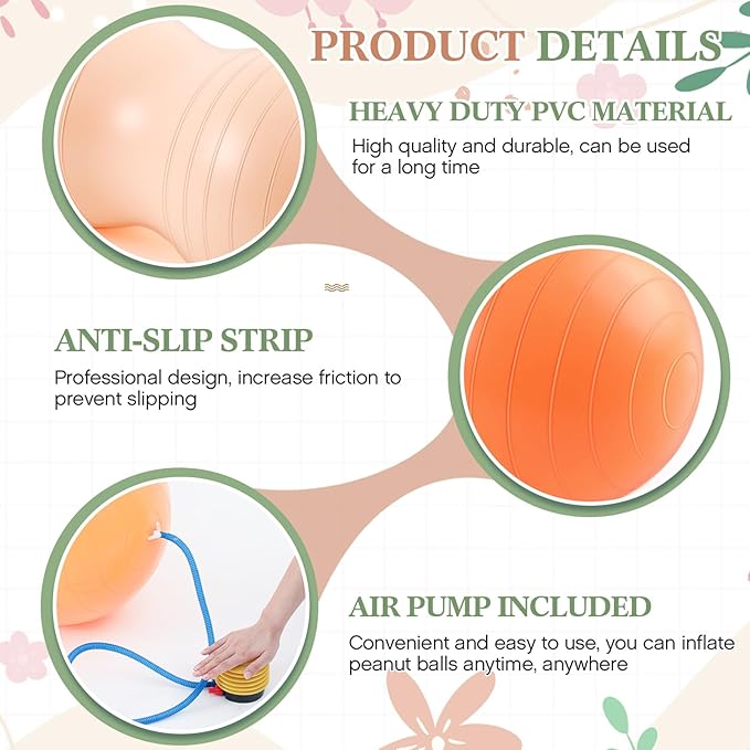 Jexine Peanut Ball for Kids Therapy - 3-Piece Anti-Burst Set, Yoga Balance Exercise Ball for Pregnancy & Home Gym, Includes 1 Pump & 3 Size Options