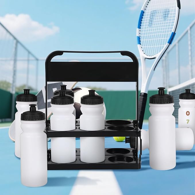 2026 Upgraded Water Bottle Carrier with 8pcs 20 oz Bottles and Stickers, Plastic Wide Squeeze Water Sports Bottles, Foldable Water Bottle Carrier, Soccer Water Bottles, Sports Team, Fitness Bike Gym
