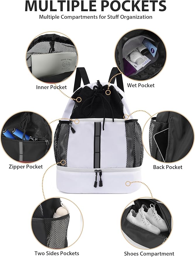U.helper Waterproof Gym Drawstring Backpack, Sports Sack with Shoes Compartment & Wet Pockets for Ball/Beach/Swim Training