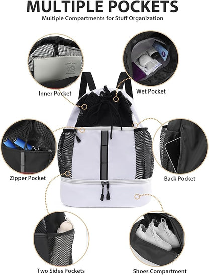 U.helper Waterproof Gym Drawstring Backpack, Sports Sack with Shoes Compartment & Wet Pockets for Ball/Beach/Swim Training