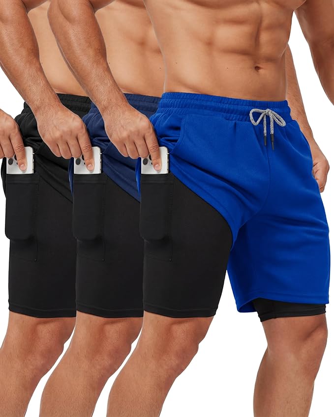 Sureio 3 Pcs Men's 2 in 1 Gym Workout Running Shorts 7 Inch Quick Dry Lightweight Athletic Short with Liner Pocket Towel Loop