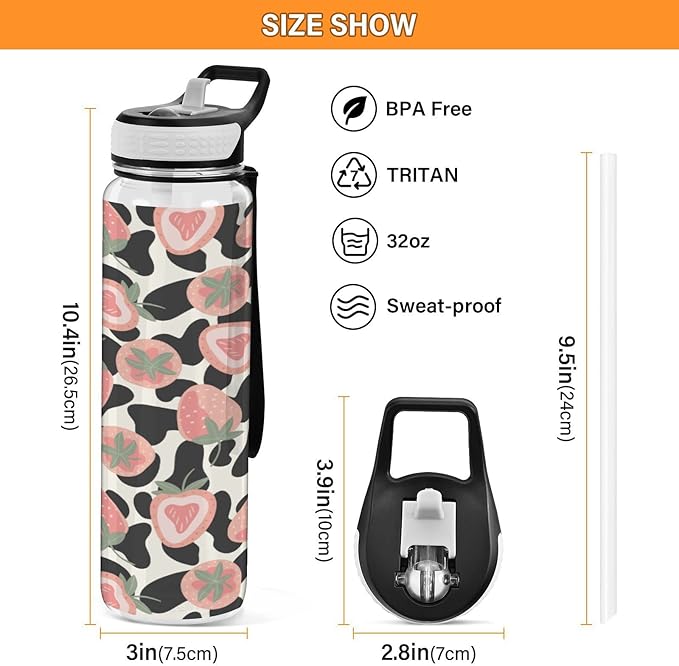 Fustylead Pink Strawberries and Cow Skin 32oz BPA Free Water Bottle, Leak-proof Bottle with Carrying Strap, Clear Sports Bottle for Running Cycling Camping
