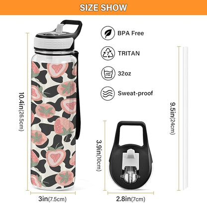Fustylead Pink Strawberries and Cow Skin 32oz BPA Free Water Bottle, Leak-proof Bottle with Carrying Strap, Clear Sports Bottle for Running Cycling Camping
