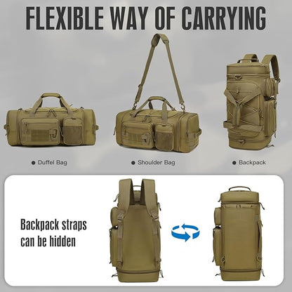 3 in 1 Tactical Gym Bag Backpack for Men 40-45L Expandable Travel Duffle Bag for Women Military Sport Duffel Bags Weekend Overnight with Shoe Compartment & Wet Pocket for Fitness, Brown