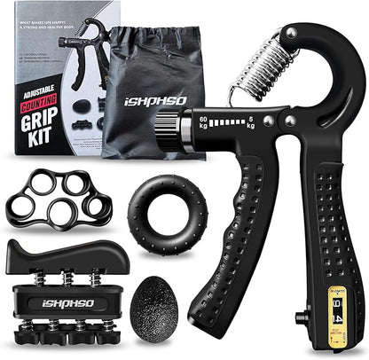 Adjustable Grip Strength Trainer Kit 5-in-1 with Counter, Hand Gripper & Finger Exerciser for Forearm Strength, Physical Therapy for Carpal Tunnel & Arthritis, Portable Workout Equipment for Rock Climbing & Gym, Gifts for Men