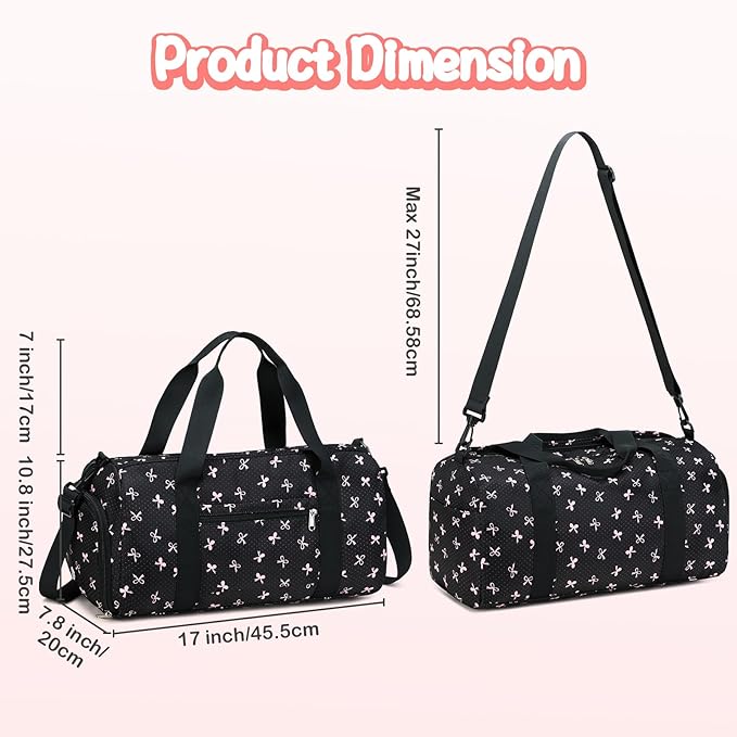 Gym Bag Sports Duffle Bag with Wet Pocket Weekender Overnight Bag with Waterproof Shoe Compartment for Girls Kids Women Travel Dance Yoga Workout Bag (Bow Pink-Black)