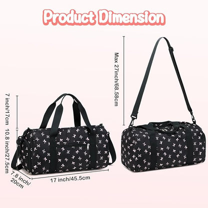 Gym Bag Sports Duffle Bag with Wet Pocket Weekender Overnight Bag with Waterproof Shoe Compartment for Girls Kids Women Travel Dance Yoga Workout Bag (Bow Pink-Black)