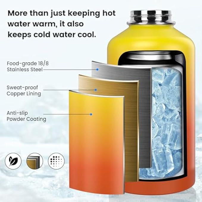 Insulated Water Bottle 64 oz, Triple Wall Vacuum Stainless Steel(Cold for 48 Hrs),Leak Proof & BPA-Free,Half Gallon Water Bottle with Reflective Paracord & Flip Straw for Sports & Travel, Sunset
