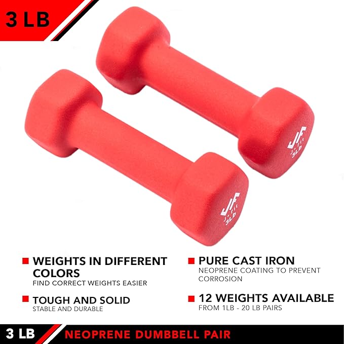 JFIT Dumbbell Pairs or Sets – Neoprene & Vinyl Coated Hand Weights for Home Gym, Strength Training, Aerobics, Cardio Exercise and Fitness