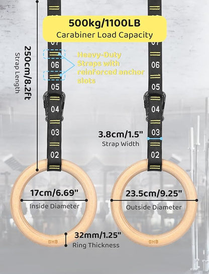 GHB Gymnastic Rings Wooden Gym Rings 1.25" Olympic Rings Adjustable Straps Pull Up Rings Sets for Workout Bodyweight Fitness Training