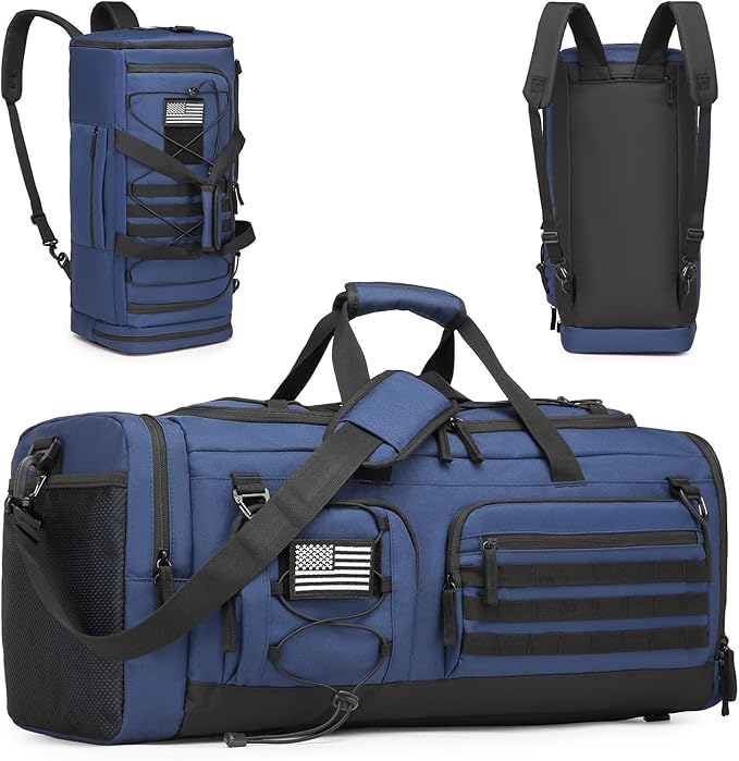 Gym Bag for Men and Women, 50L Extra Large Duffle Bag, 3-in-1 Travel Sports Duffel Bags with Shoe & Laptop Compartment for Overnight Weekender Gym Traveling Workout Deployment, Black+ Blue