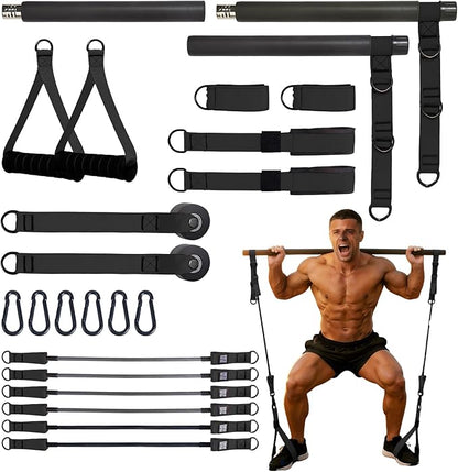 Pilates Bar Kit with Resistance Bands for Men, Heavy Duty Home Gym Equipment for Full Body Workout, Strength Training, Legs, Hips, Arms, Abs, Chest – Portable Pilates Stick