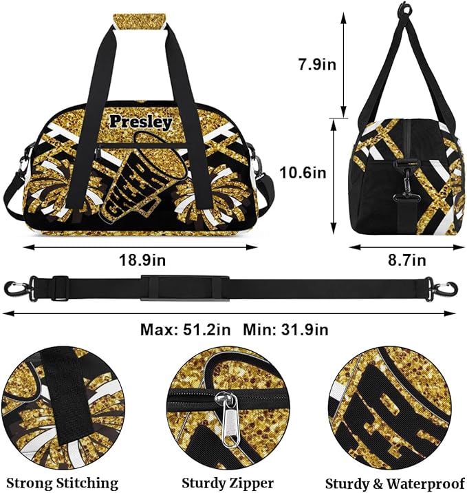 Custom Cheerleaders Dance Bag for Girls, Personalized Dance Ballet Bag for Teens Girls Waterproof Weekender Practice Travel Sports Duffel Gym Bag, Gold Sequins with Black