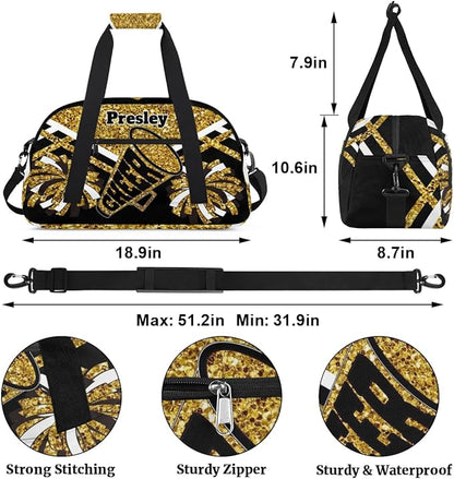 Custom Cheerleaders Dance Bag for Girls, Personalized Dance Ballet Bag for Teens Girls Waterproof Weekender Practice Travel Sports Duffel Gym Bag, Gold Sequins with Black