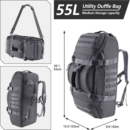 55L Large Duffle Bag, 3-in-1 Tactical Backpack MOLLE Pack for Sports, Gym, Outdoor, Grey