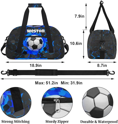 Custom Name Sports Bag for Kids Boys, Personalized Gym Duffel Fitness Travel Weekender Tote Carry-On Training Perform Bag, Soccer Black Blue