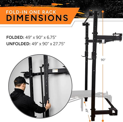 PRx Performance Wall Mounted Folding Power Squat Rack - Heavy Duty Adjustable Pull Up Bar, Space Saving Home Gym Equipment with Durable J-Cups, Ideal for Weight Lifting and Strength Training - Black