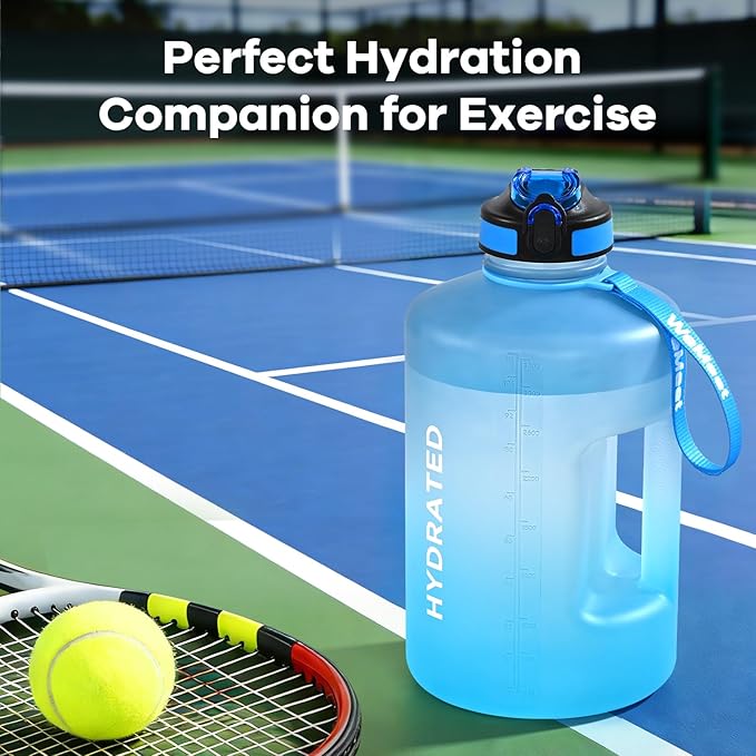 128oz Large Water Bottle with Straw and Time Marker, BPA FREE, 1 Gallon Reusable Motivational Water Bottle, for Gym, Travel, Camping, Hiking (Blue Blue)