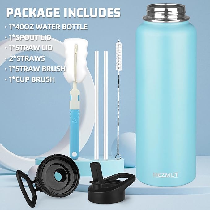 Insulated Water Bottle with Straw&2 Lids 40oz Stainless Steel Water Bottles Sports Metal Water Bottle Double Walled Vacuum Insulated Bottles Cups Leak-Proof Travel Cup (Blue)