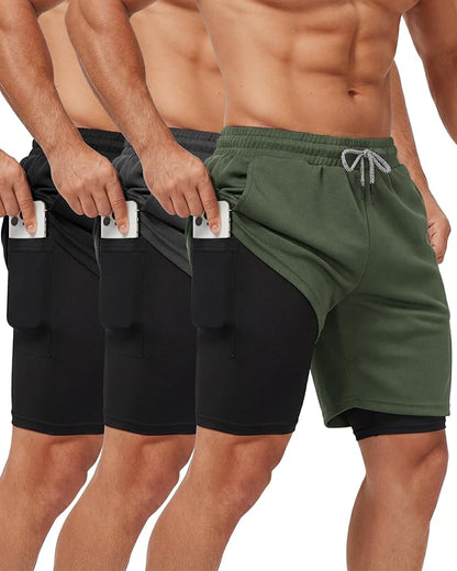 Sureio 3 Pcs Men's 2 in 1 Gym Workout Running Shorts 7 Inch Quick Dry Lightweight Athletic Short with Liner Pocket Towel Loop