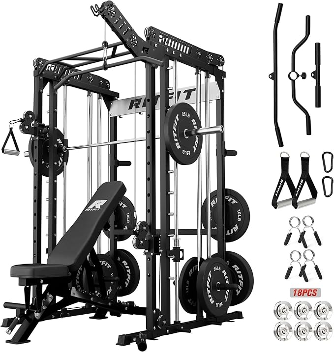 RitFit M1 Pro Smith Machine with Cable Crossover System, Multi-Function Squat Rack Power Cage for Home Gym, Power Rack and Packages