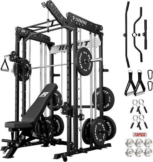 RitFit M1 Pro Smith Machine with Cable Crossover System, Multi-Function Squat Rack Power Cage for Home Gym, Power Rack and Packages