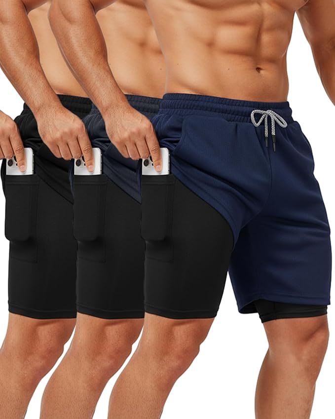 Sureio 3 Pcs Men's 2 in 1 Gym Workout Running Shorts 7 Inch Quick Dry Lightweight Athletic Short with Liner Pocket Towel Loop