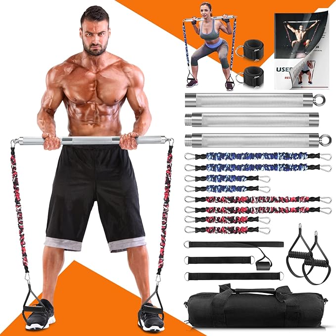 DASKING Portable Home Gym Resistance Band Set With8 Anti-Break Bands, Detachable 500LBS Pilates Bar, Full Body Workout Equipment w/Ankle Straps & Door Anchor