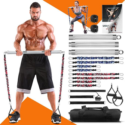 DASKING Portable Home Gym Resistance Band Set With8 Anti-Break Bands, Detachable 500LBS Pilates Bar, Full Body Workout Equipment w/Ankle Straps & Door Anchor