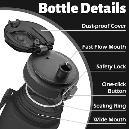 OLDLEY 25 oz Water Bottle, Motivational Water Bottle with Time Marker, Sports Water Bottle With Strap, Leakproof & BPA Free Large Water Bottles for School, Gym, Travel, Outdoor, Tritan,Black