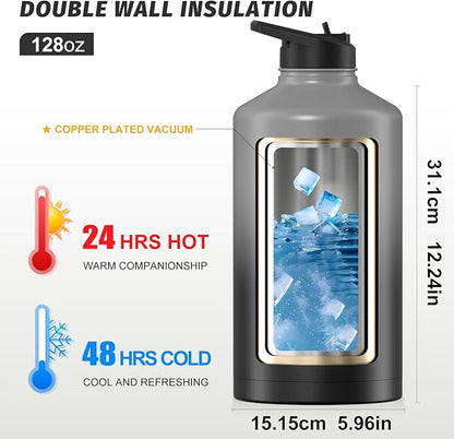 1 Gallon Water Bottle Insulated(Cold for 48 Hrs),BPA Free&Leak Proof,128oz Stainless Steel Water Jug,Large Water Bottle with Straw Spout Lids for Gym,Hiking,Camping&Travel,Grey Black
