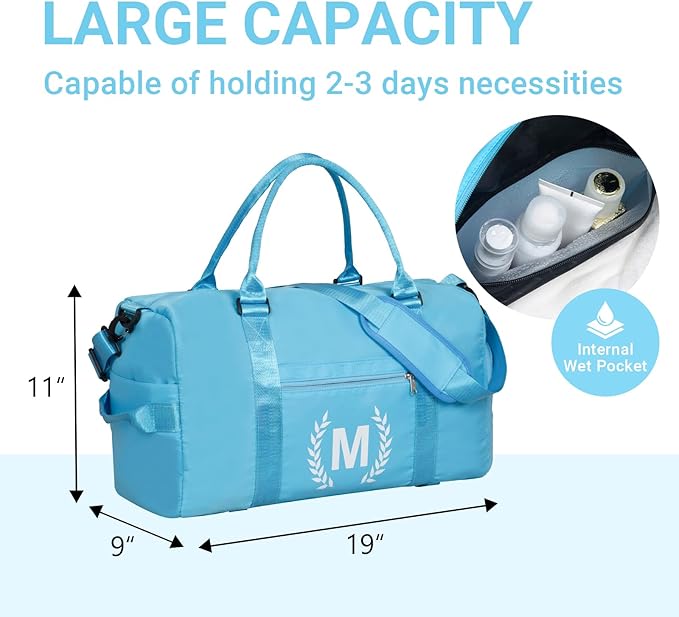Gym Bag for Women, Personalized Duffle Bag with Shoe Compartment, Sports Bag for Yoga & Dance with Wet Pocket and Mat Strap(AquaBlue,A)
