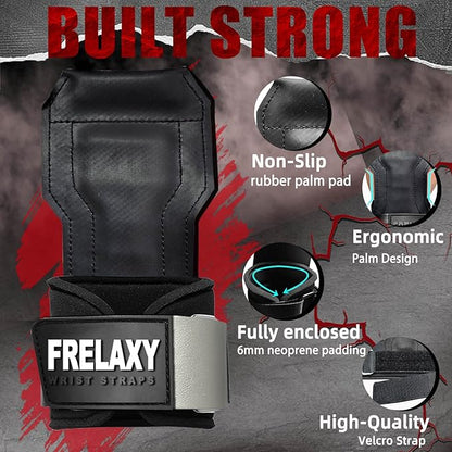 Frelaxy Lifting Wrist Straps, Rubber Weight Lifting Grips with Non-Slip Palm & Wrist Wraps Support for Deadlifts, Pull Ups, Rows, Heavy Powerlifting, Lat Pulldowns