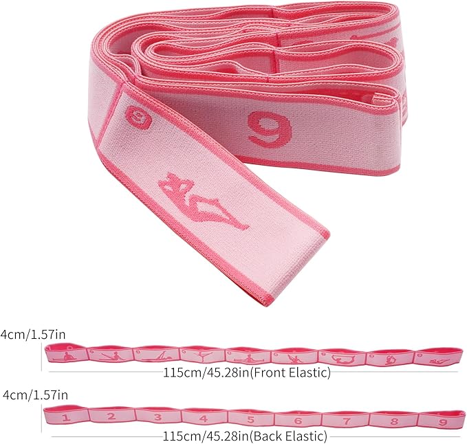 Elastic Yoga Stretching Strap with 9 Loops Pattern Guide, Stretch Straps for Pilates, Dance, Gymnastics Physical Therapy, Multi-Loop Adjustable Exercise Bands