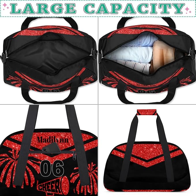Personalized Girls Gym Cheerleading Bag Sport Duffle Bag, Custom Name Carry On Weekender Bag Travel Vocation Business Trip, Red Glittering Cheerleader Pom Poms