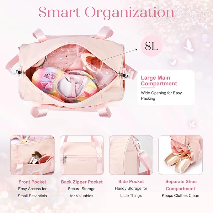 Dance Bag for girls, KUIRAN 8L Dance Duffel Bag with Separate Shoe Compartment Lightweight Water-resistant Sport Bag for Dance, Ballet, Gym, Travel - Light Pink