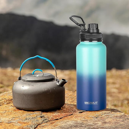 MEZMUT Stainless Steel Water Bottles 32oz Insulated Water Bottle with Straw&2 Lids Double Walled Sports Metal Thermos Water Bottle Cup Leak-Proof Vacuum Insulated Bottles Travel(Gradient Blue)