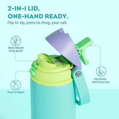 POWCAN 24 oz Insulated Water Bottle: 2-in-1 Push-Button Spout & Quick-Flip Straw, Leakproof, Cold 24Hrs, Fits Car Cup Holder, Stainless Steel Sports Water Bottle, Gift for Women, Girls (Sea Princess)