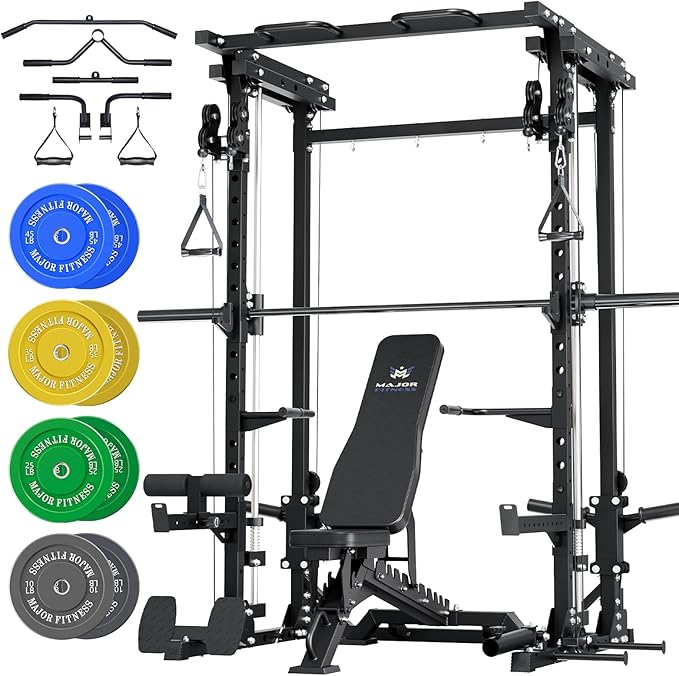 MAJOR FITNESS Drone3 Smith Machine, 2500lbs All-in-One Home Gym Power Rack with Dual Pulley System for Cable Crossover, Pull-Up Bars