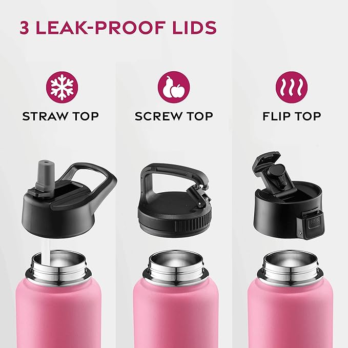 FineDine Triple Walled, Insulated Water Bottles with Straw - 25 Oz Stainless Steel Metal Bottle W/ 3 Leak Proof Lids - For Travel, School, Sports, Gym/Men, Women & Kids - Striking French Rose
