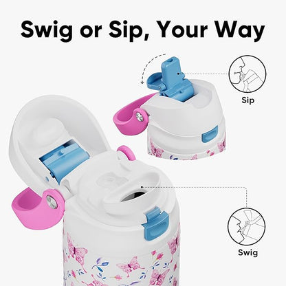 ENCOOL Leakproof Insulated Water Bottle with Straw Dual-Sip Water Bottle Bag-Safe Design for Work, Commute & Gym – Keeps Drinks Cold All Day, 24 oz, Blossom Butterfly