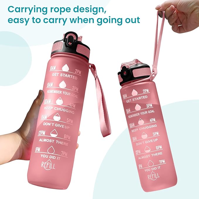 32 oz Motivational Water Bottle with Time Marker,Water Bottles with Times to Drink and Straw with Carrying Strap,Perfect For Fitness Gym Outdoor,BPA Free (Pink)