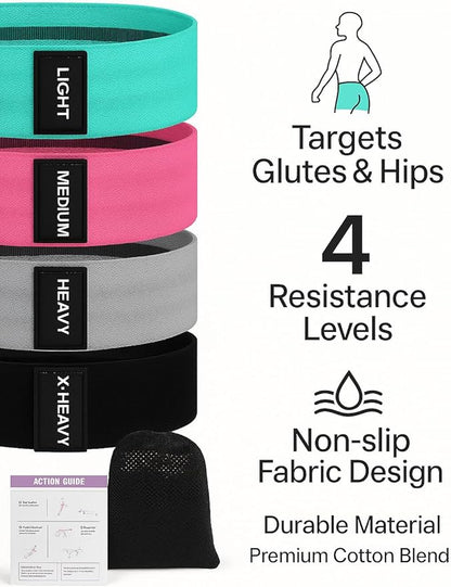 Booty Bands, Fabric Resistance Bands for Working Out, 4-Level Non-Slip Workout Bands with Exercise Guide, Hip and Glute Training Equipment for Home Gym, Teal Pink Gray Black